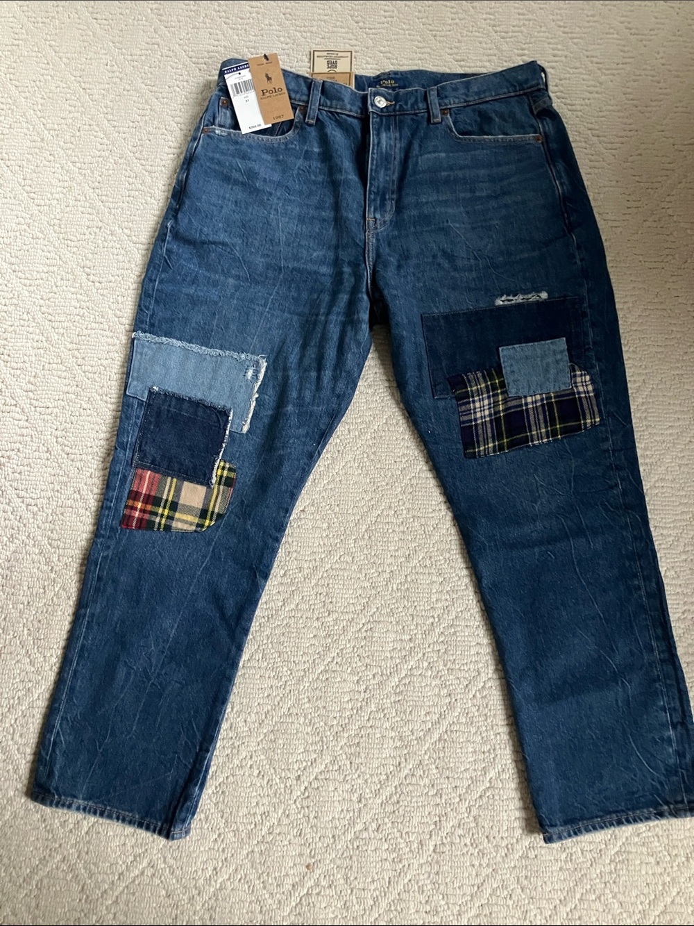 Polo Ralph Lauren blue denim jeans w plaid patchwork, slim boyfriend style NWT